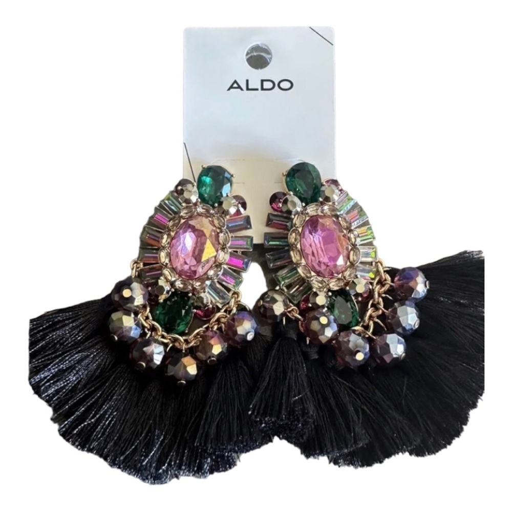Aldo black tassel crystal cubic zirconia multi gemstone statement earrings new